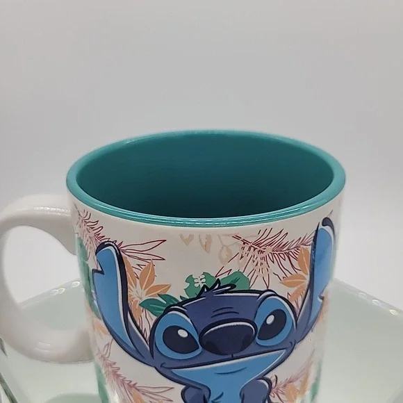 Disney Lilo & Stitch Tropical 20oz Ceramic Mug Large Floral White Teal Inside - Picture 7 of 12